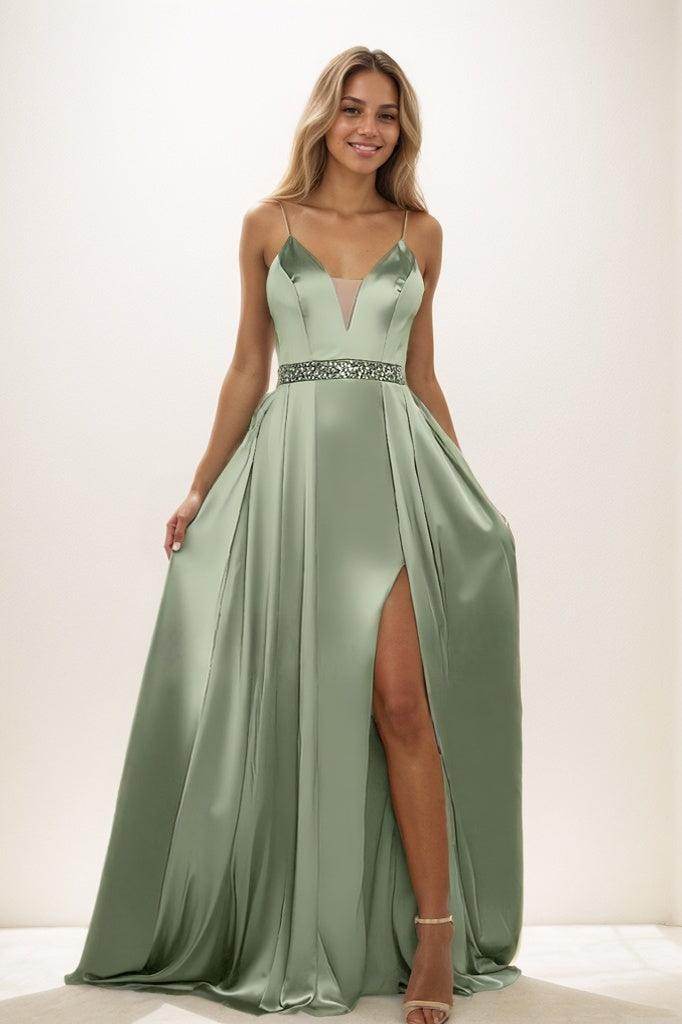 A-Line V-Neck Sleeveless Spaghetti Straps Acetate Satin Prom Dresses CS0826 - COCOMELODY